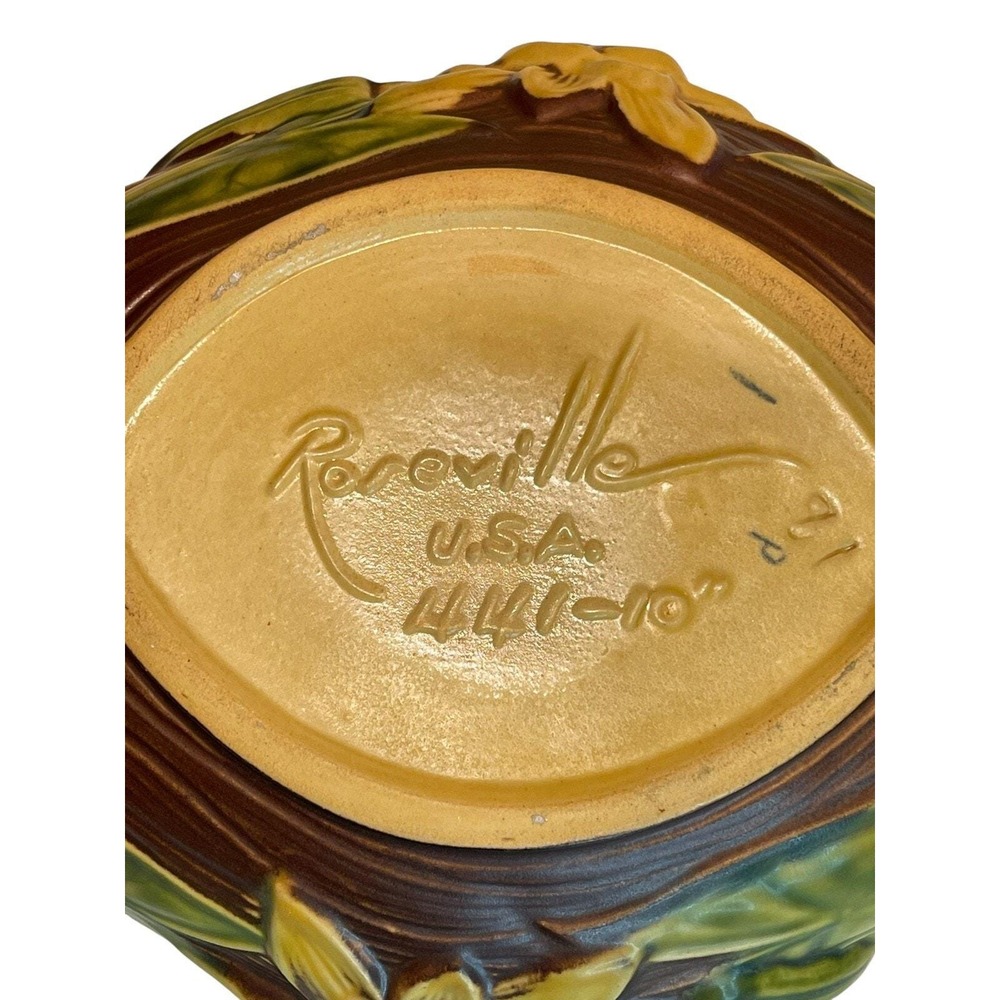 Vintage Roseville Pottery Water Lily‎ Oval Console Bowl Handled Brown 441-10" - Picture 9 of 9